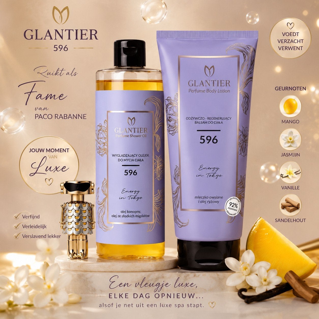 GLANTIER 596 Luxe Douche Olie & Bodylotion Set - Fame Geur, Verzenden, Nieuw, Bodylotion, Crème of Olie