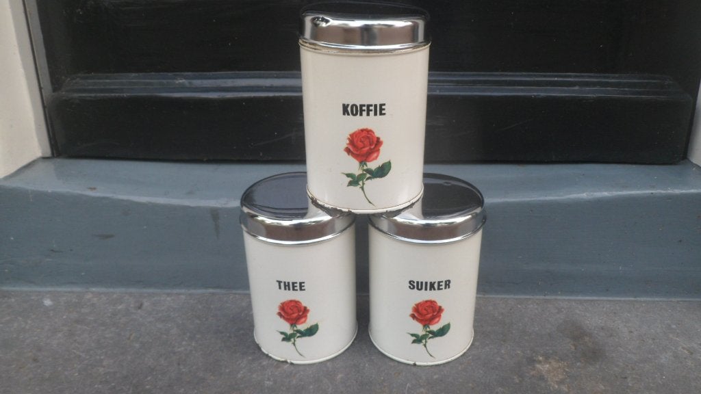 Vintage Brabantia koffie thee suiker blikken crème wit roos, Ophalen of Verzenden