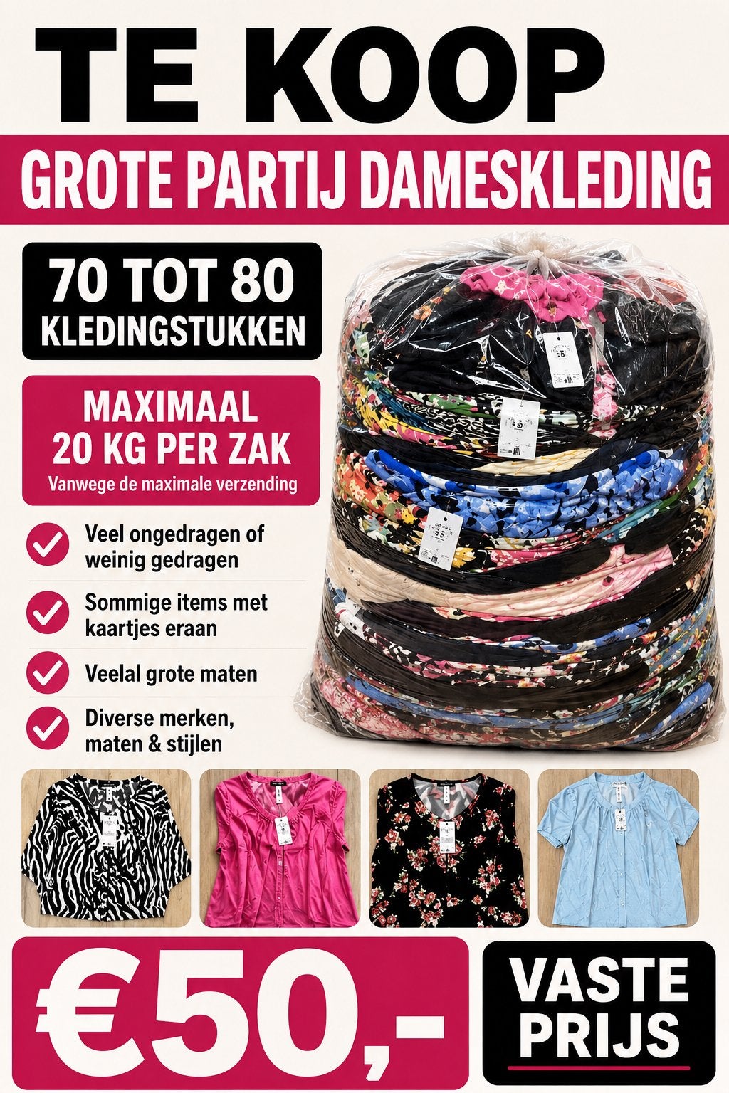 Complete zak met 70 tot 80 stuks dameskleding 20kg, Ophalen of Verzenden, Zo goed als nieuw, Maat 46/48 (XL) of groter