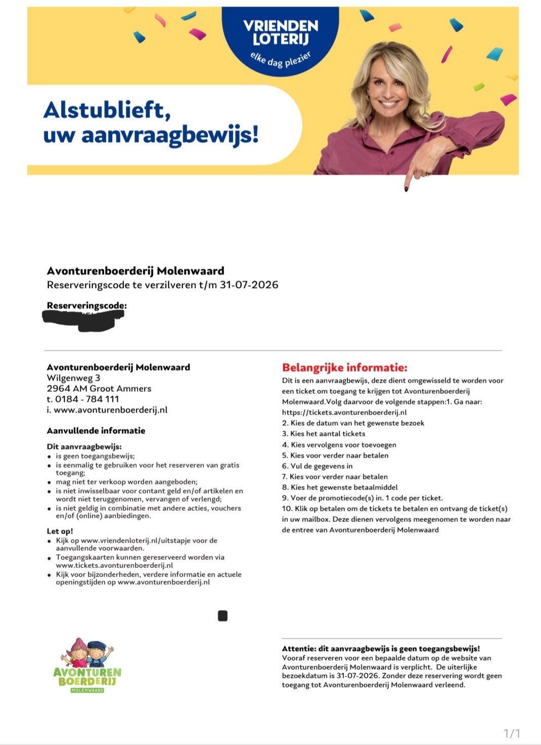 1 kaartje avonturenboerderij molenwaard, Eén persoon, Ticket of Toegangskaart