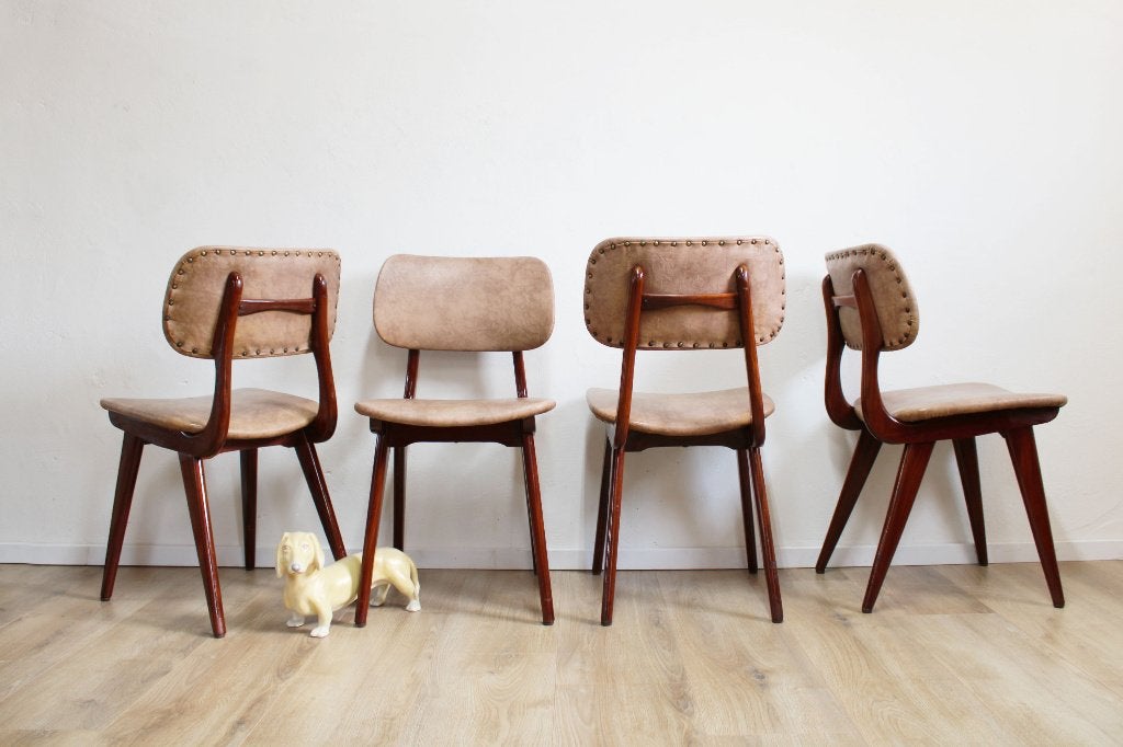 4 houten vintage stoelen, Wébé? Mid Century design stoelen., O, Bruin, O, Hout