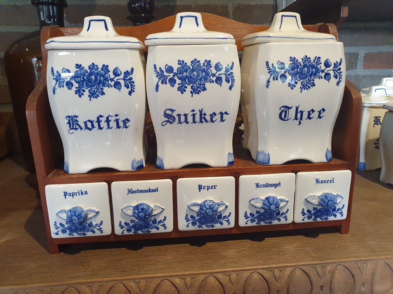 Vintage Delfts Blauw Keukenset: Koffie, Suiker, Thee,Kruiden, Ophalen