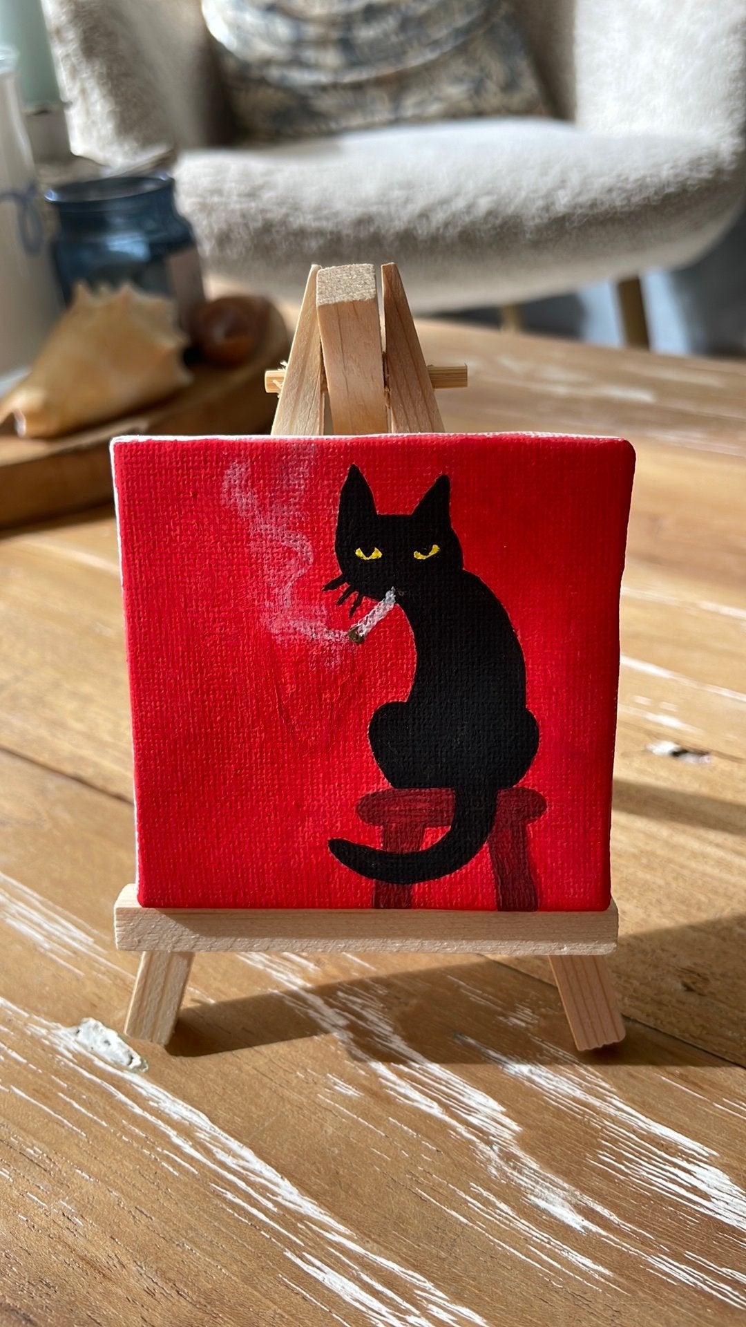 Kleine rokende kat schilderijtje, Ophalen, Acrylverf, Overige ondergronden, Dieren