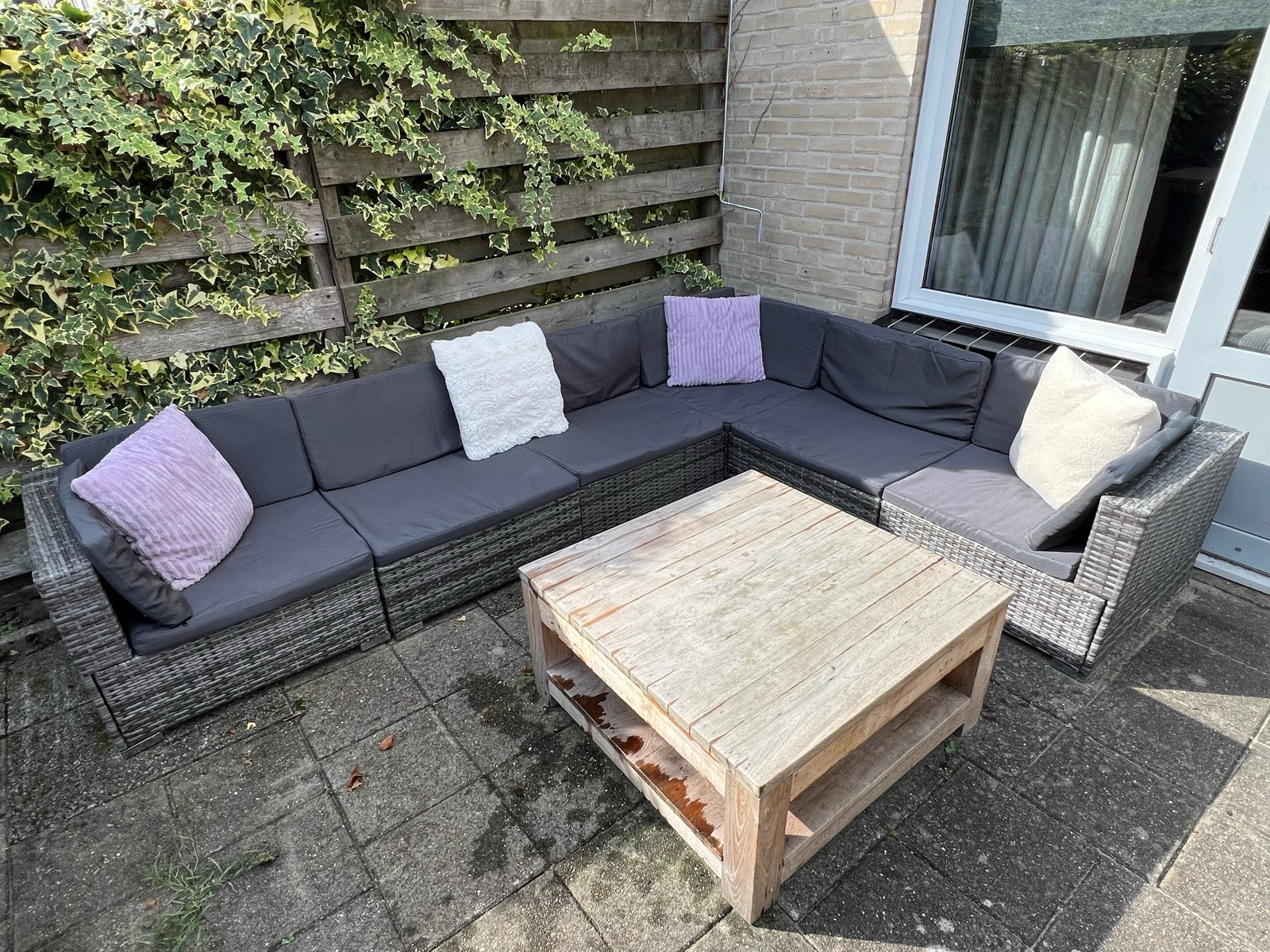 Wicker loungeset en teakhouten tuintafel met stoelen, Tuin en Terras, Ophalen, Gebruikt, Meer dan 8 zitplaatsen, Loungeset