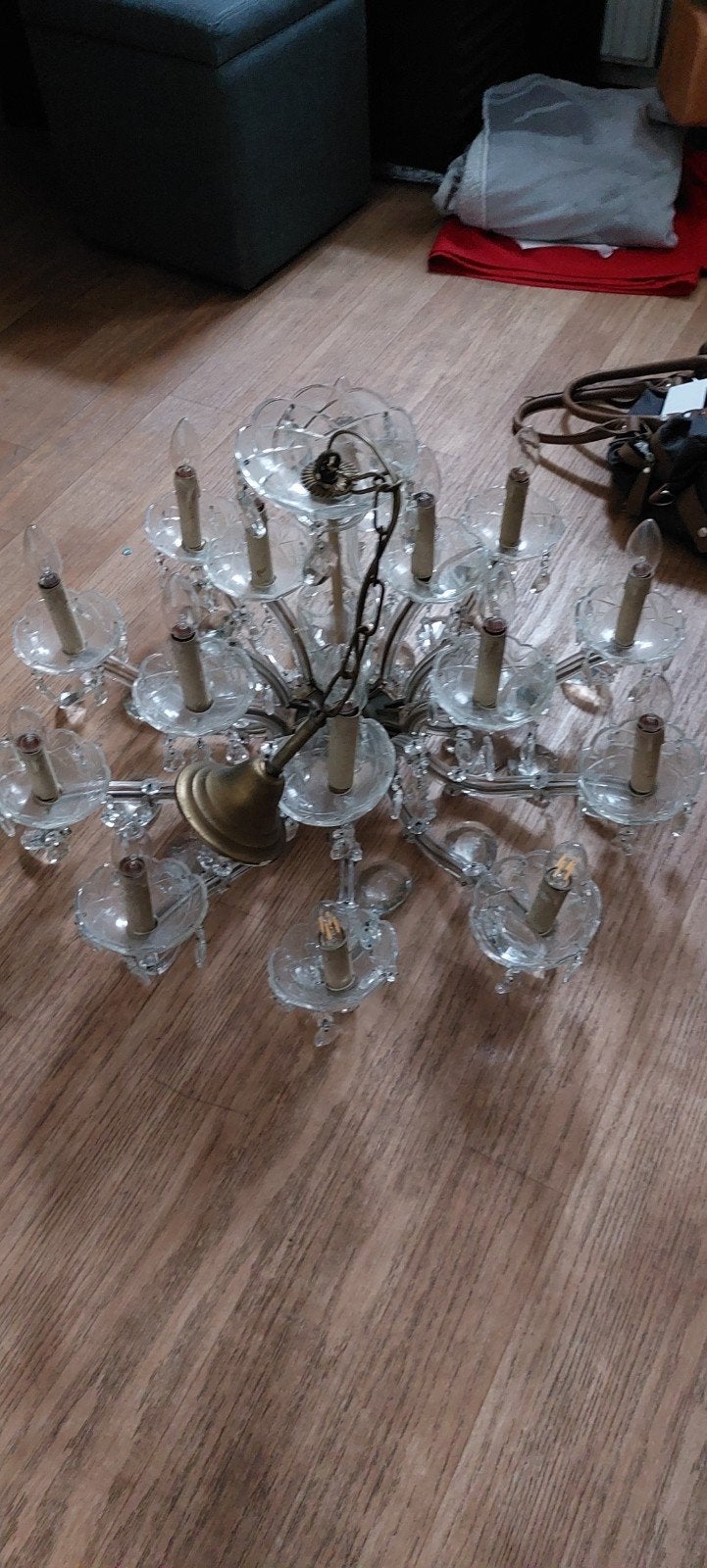 Vintage Glazen Kroonluchter met 12 Lichtpunten, Ophalen, Gebruikt, E14 (klein), Glas