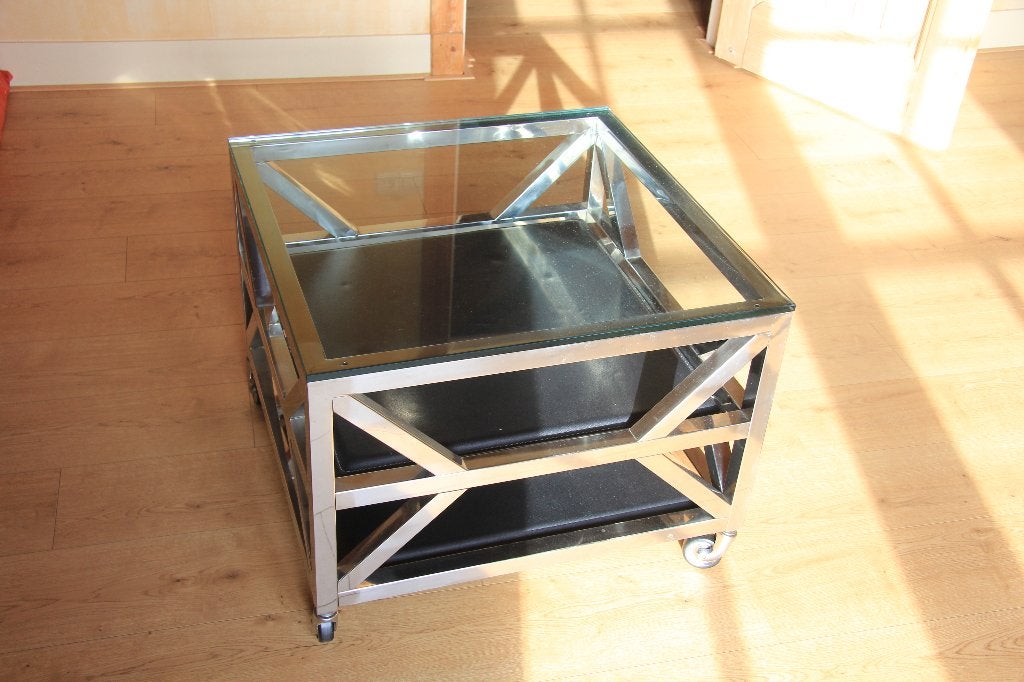 chroom bijzet-salontafel Eichholtz glas met leren bladen, Ophalen, 50 – 75, Gebruikt, 50 tot 100 cm