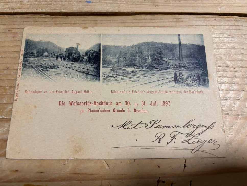 Historische Ansichtkaart: Weisseritz-Hochflut Dresden 1897, Verzamelen, Ophalen of Verzenden, Gebruikt, Trein, Kaart of Prent