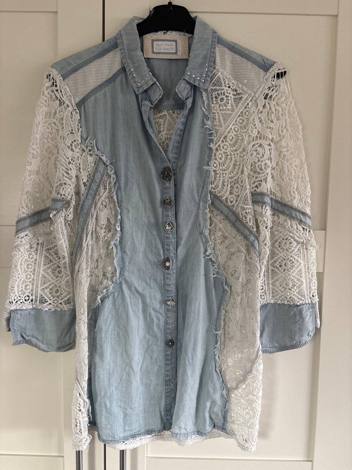 Elisa Cavaletti spijkerblouse met kant - Maat M, Ophalen of Verzenden, Zo goed als nieuw, Maat 38/40 (M), Wit
