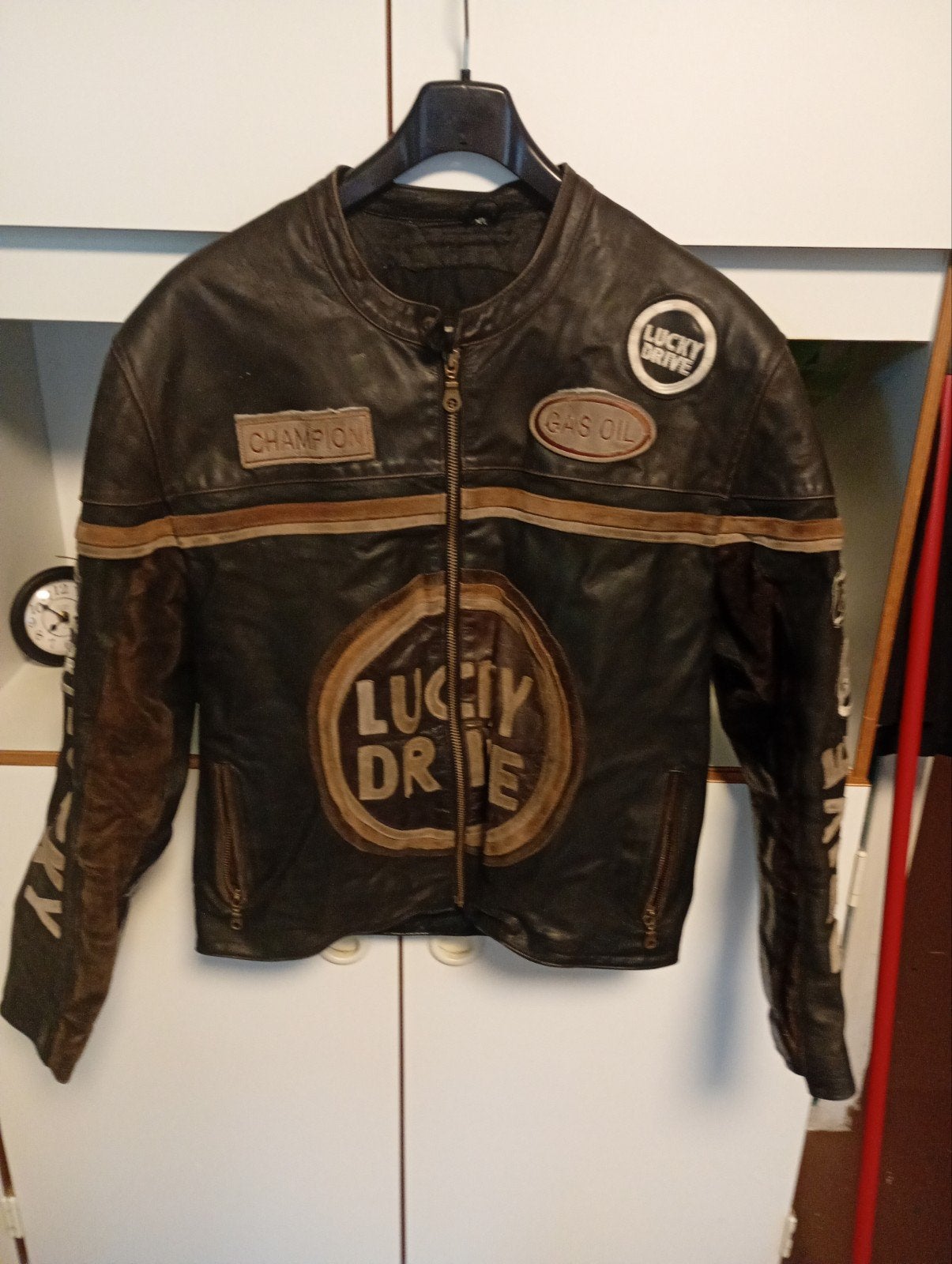 Vintage Leren Motorjas "Lucky Drive" Racing Stijl, Motoren, Ophalen