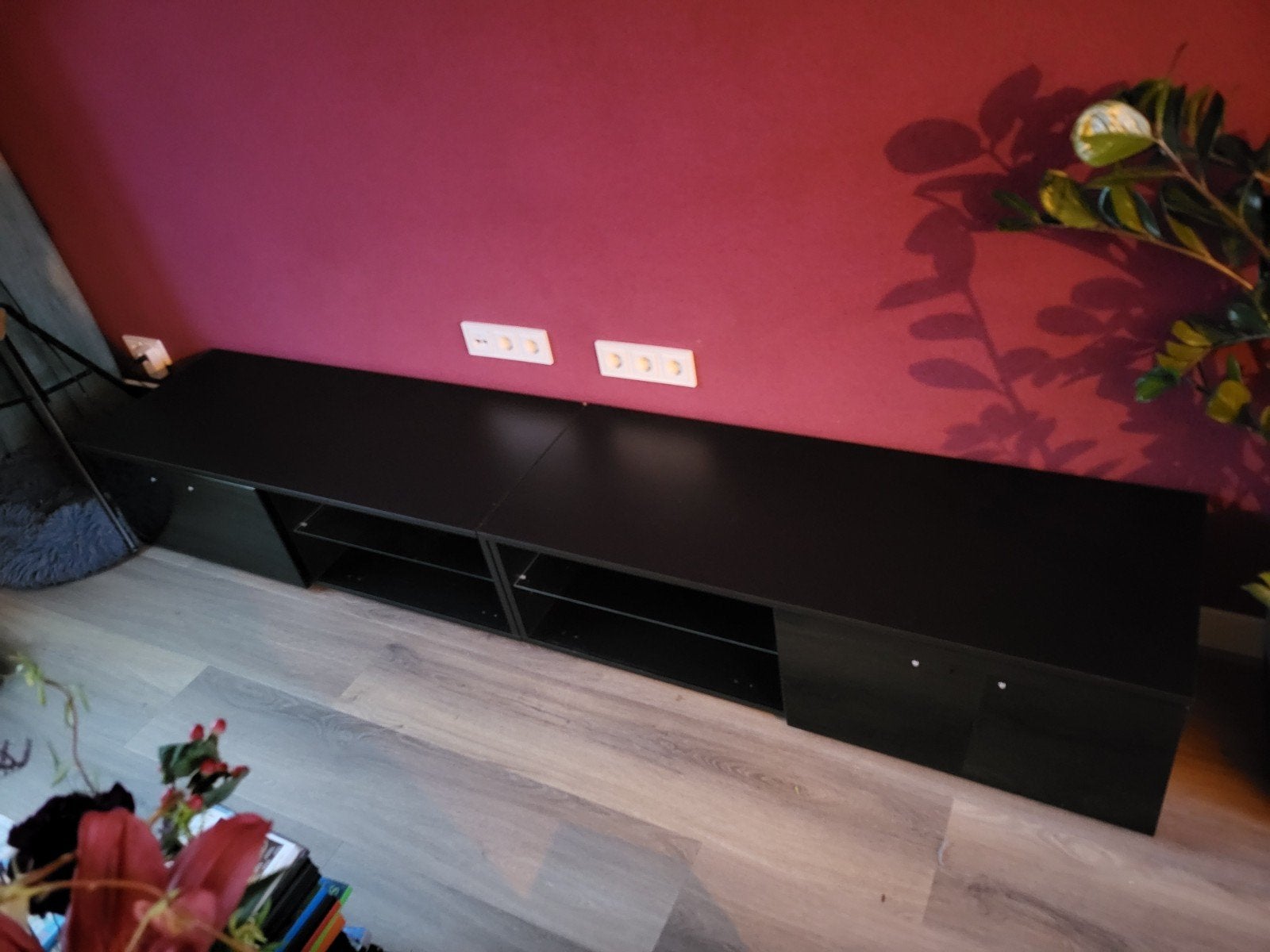 Zwart TV meubel met kasten en glazen plank (2x 120cm), Ophalen of Verzenden, 25 tot 50 cm, 100 tot 150 cm, Minder dan 100 cm