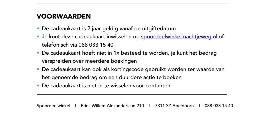 NS Nachtje weg cadeukaart, Tickets en Kaartjes, Eén persoon, Cadeaubon, Overige typen