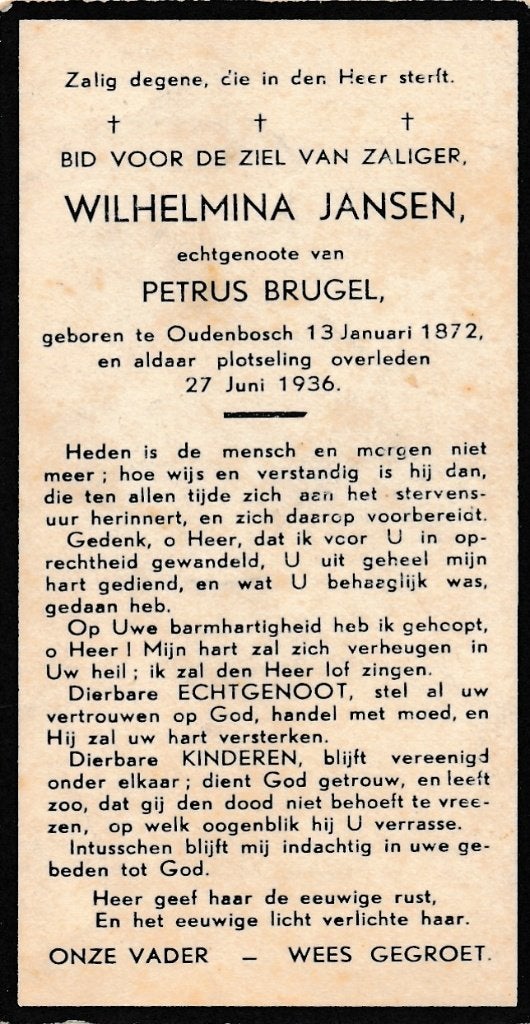 Jansen Wilhelmina 1872 Oudenbosch 1936, Ophalen of Verzenden, Bidprentje