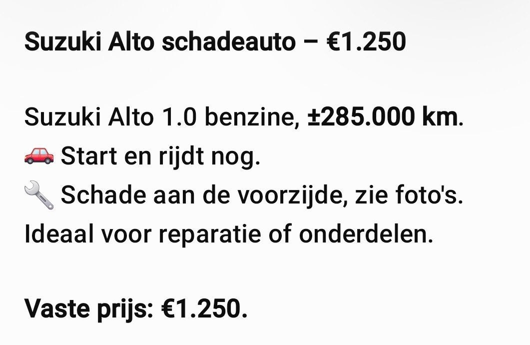 schadeauto suzuki Alto zwart 2010, Auto diversen, Ophalen, Zwart, Benzine, Suzuki