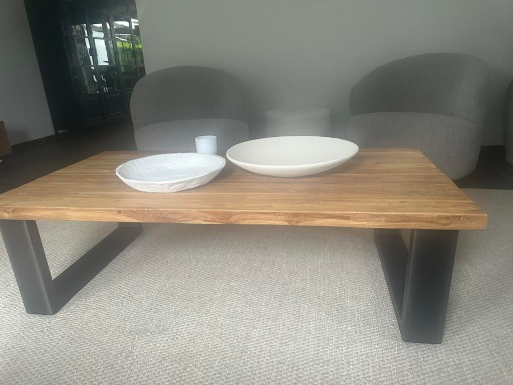 Mango houten Industrieele salontafel met metalen onderstel, Ophalen, 100 tot 150 cm, 50 tot 100 cm, Zo goed als nieuw