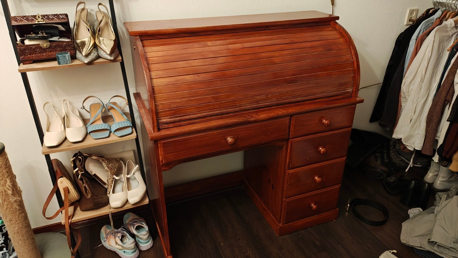 Vintage Secretaire Bureau met Rolluik en Ladess, Huis en Inrichting, Ophalen, 105 cm, Gebruikt, Hout