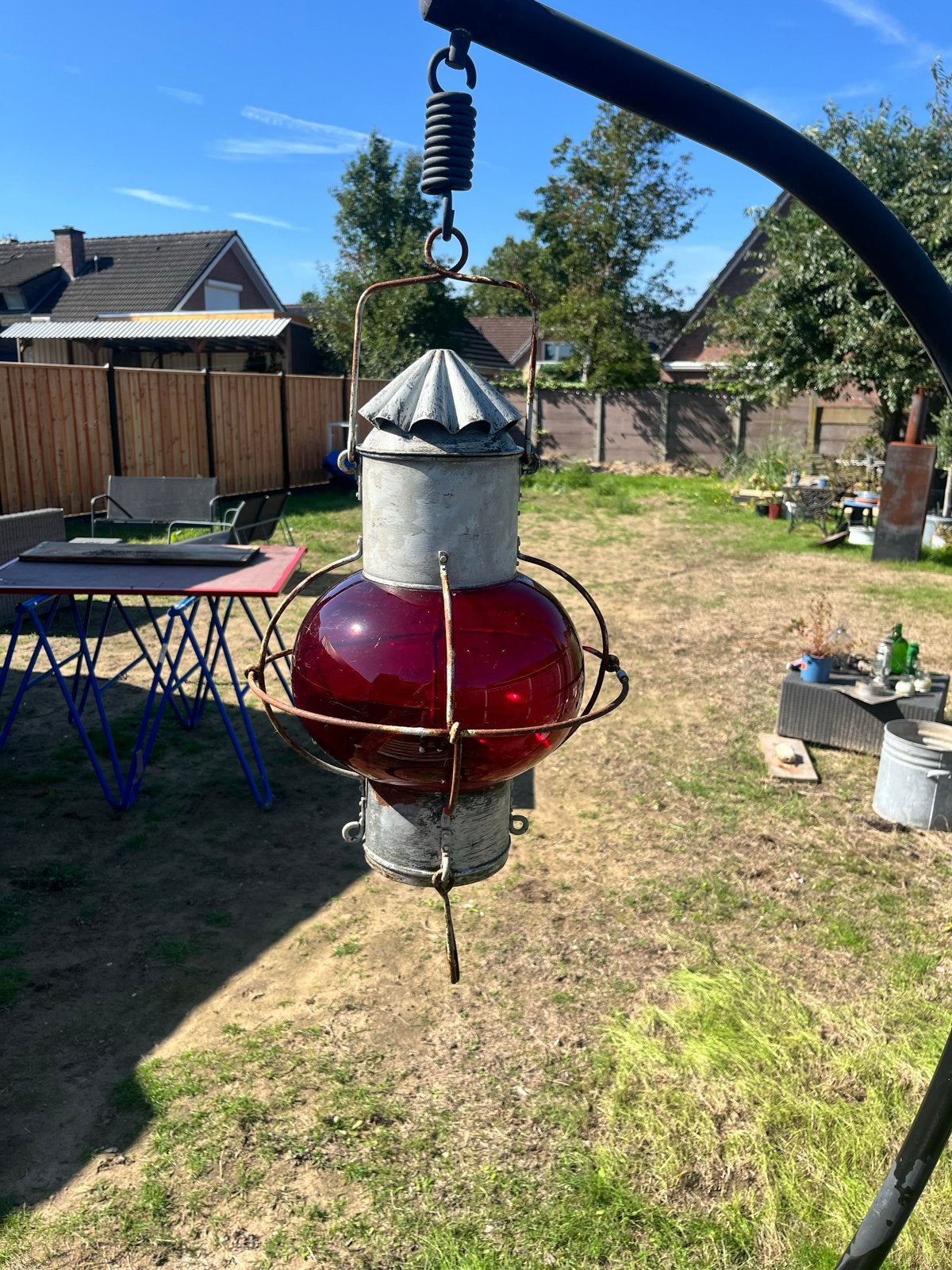 Antieke scheepslamp met rood glas, Ophalen of Verzenden