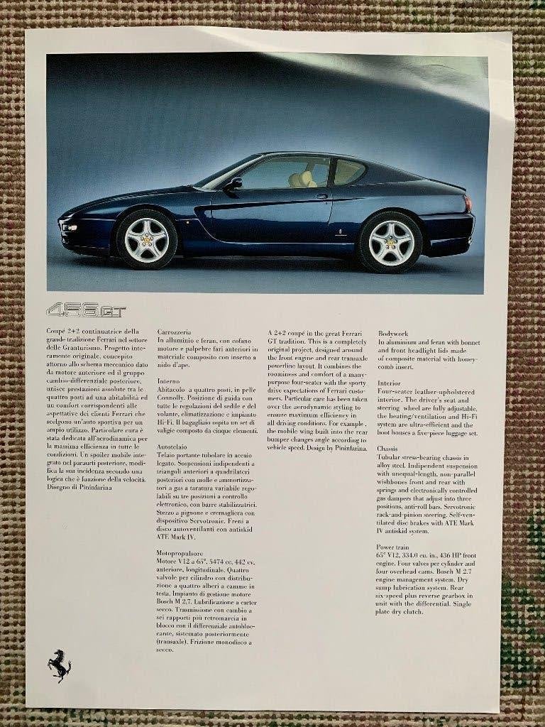 Leaflet folder Ferrari 456GT 1995 zgan, Ophalen of Verzenden, Zo goed als nieuw, Ferrari, Ferrari