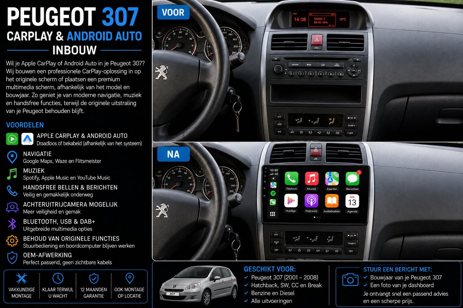 Peugeot 307 CarPlay & Android Auto Inbouw, Auto diversen, Autoradio's, Ophalen, Nieuw