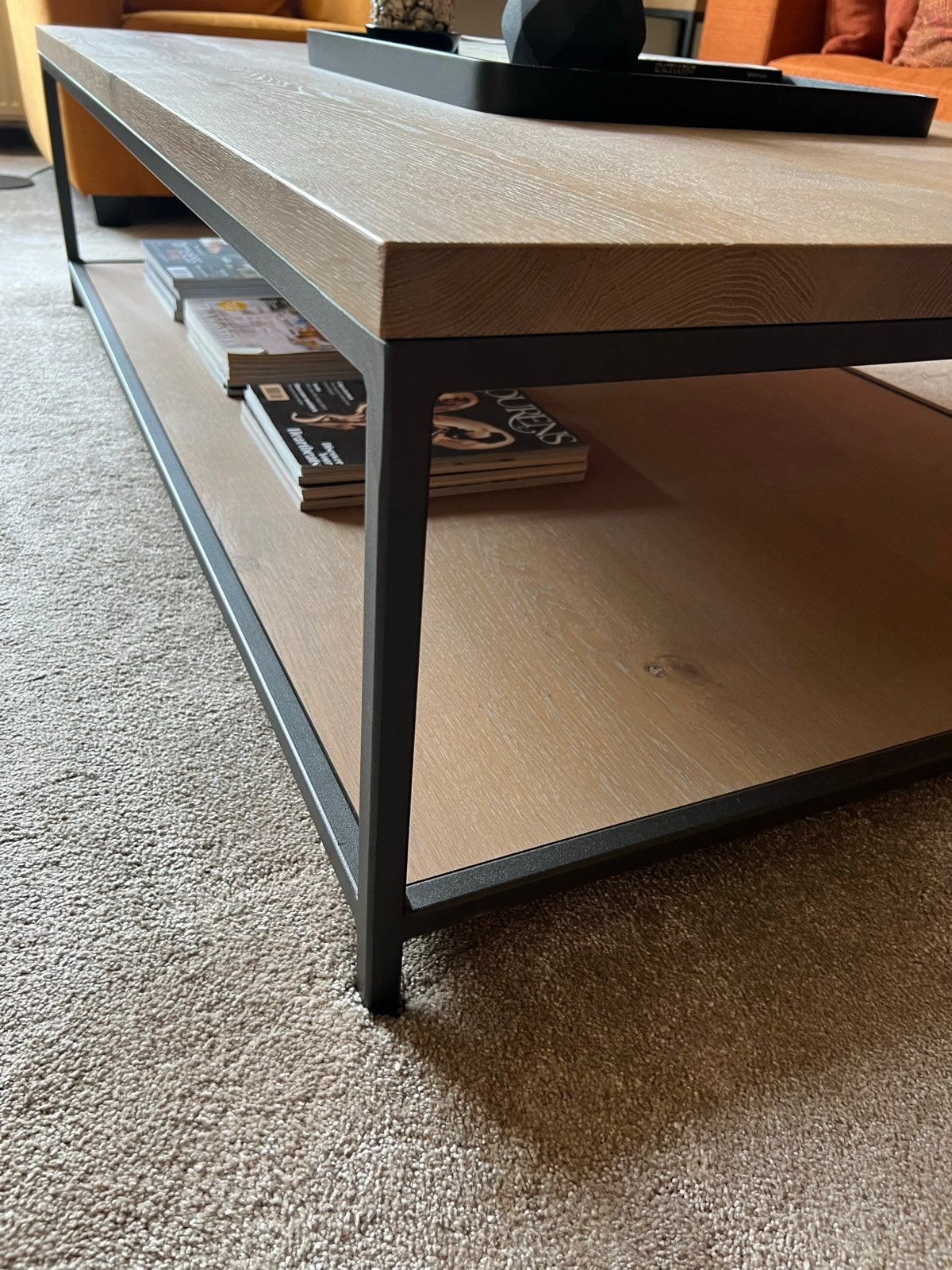 WOODSTEEL Salontafel eiken blad, stalen frame Brons, Huis en Inrichting, Tafels | Salontafels, Ophalen, 100 tot 150 cm, Eikenhout