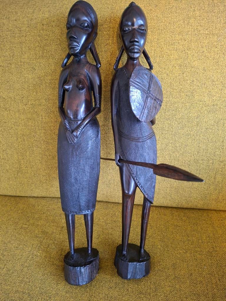 Vintage Afrikaanse Houten Beelden - Man en Vrouw, Antiek en Kunst, Kunst | Niet-Westerse kunst, Ophalen of Verzenden