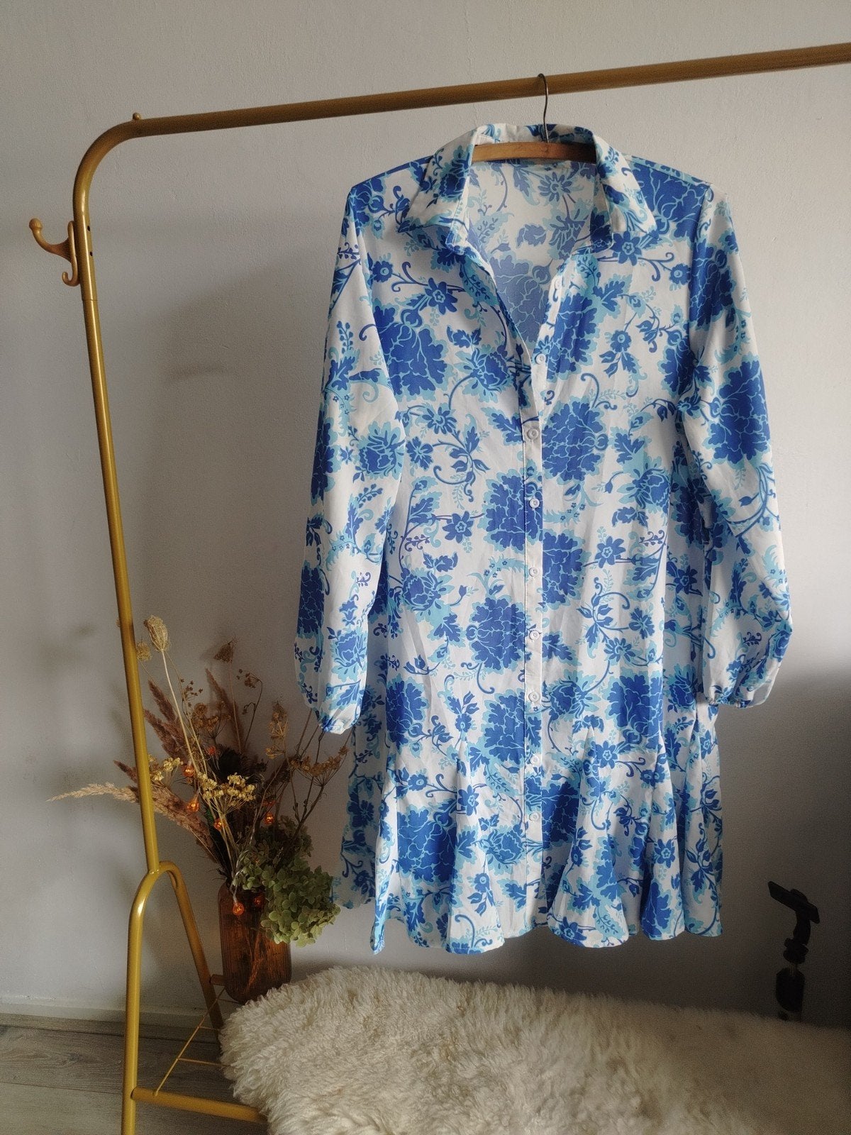 lange mouw gaaf Venessa Nucci Jurk met Blauw Bloemenpatroon, Maat 38/40 (M), Venessa Nucci, Blauw, Ophalen of Verzenden