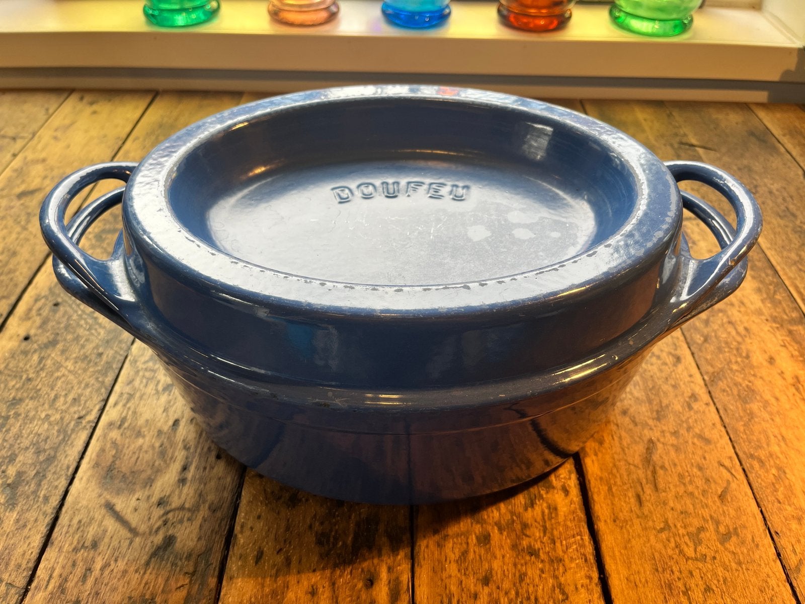 Cousances doufeu Le Creuset XL blauwe pan, Ophalen of Verzenden, Zo goed als nieuw, Gietijzer
