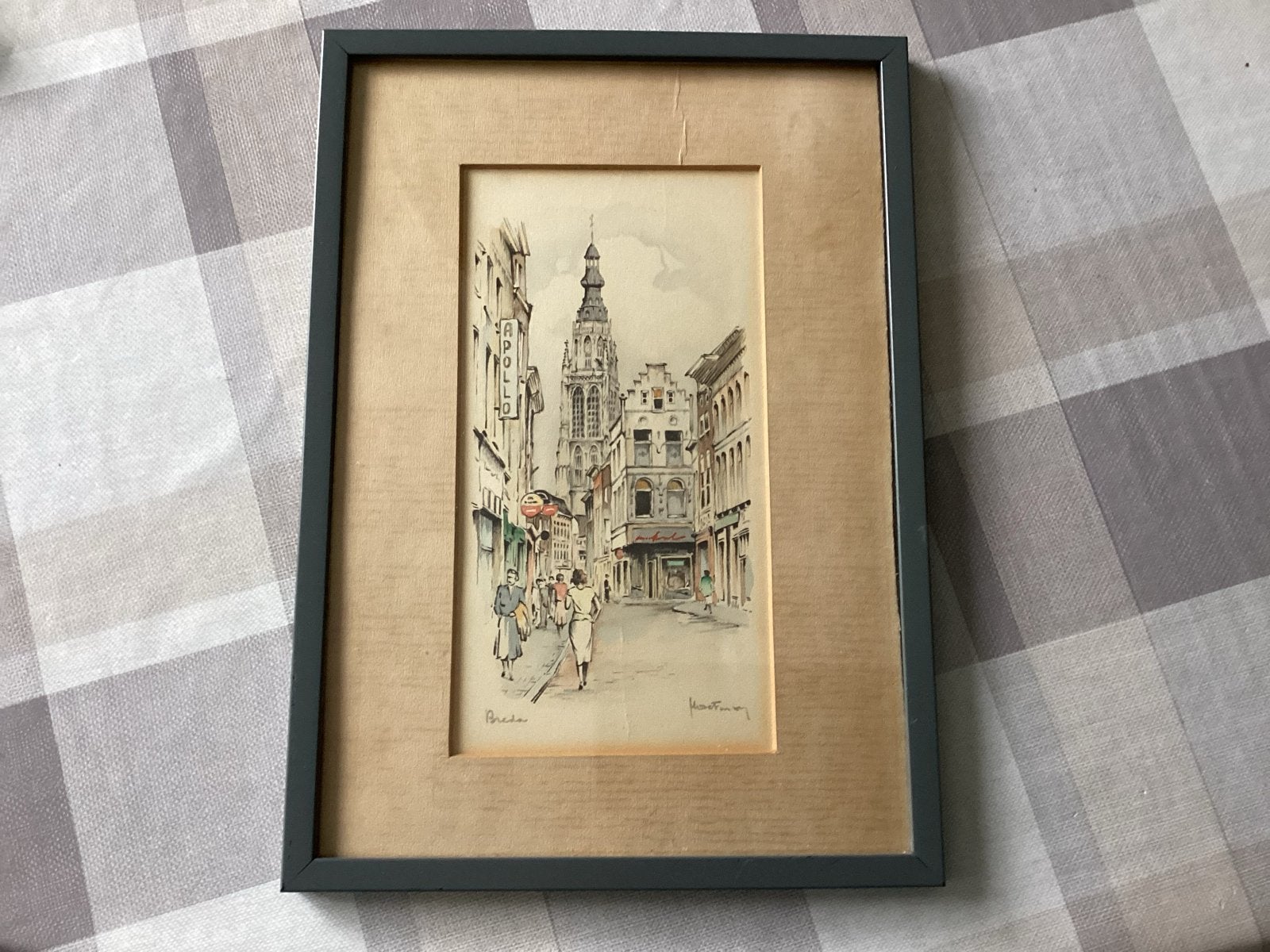 Vintage tekening Breda, gesigneerd Hoefnagels, Antiek en Kunst, Ophalen of Verzenden, Tekening, Gemengde techniek, Gesigneerd