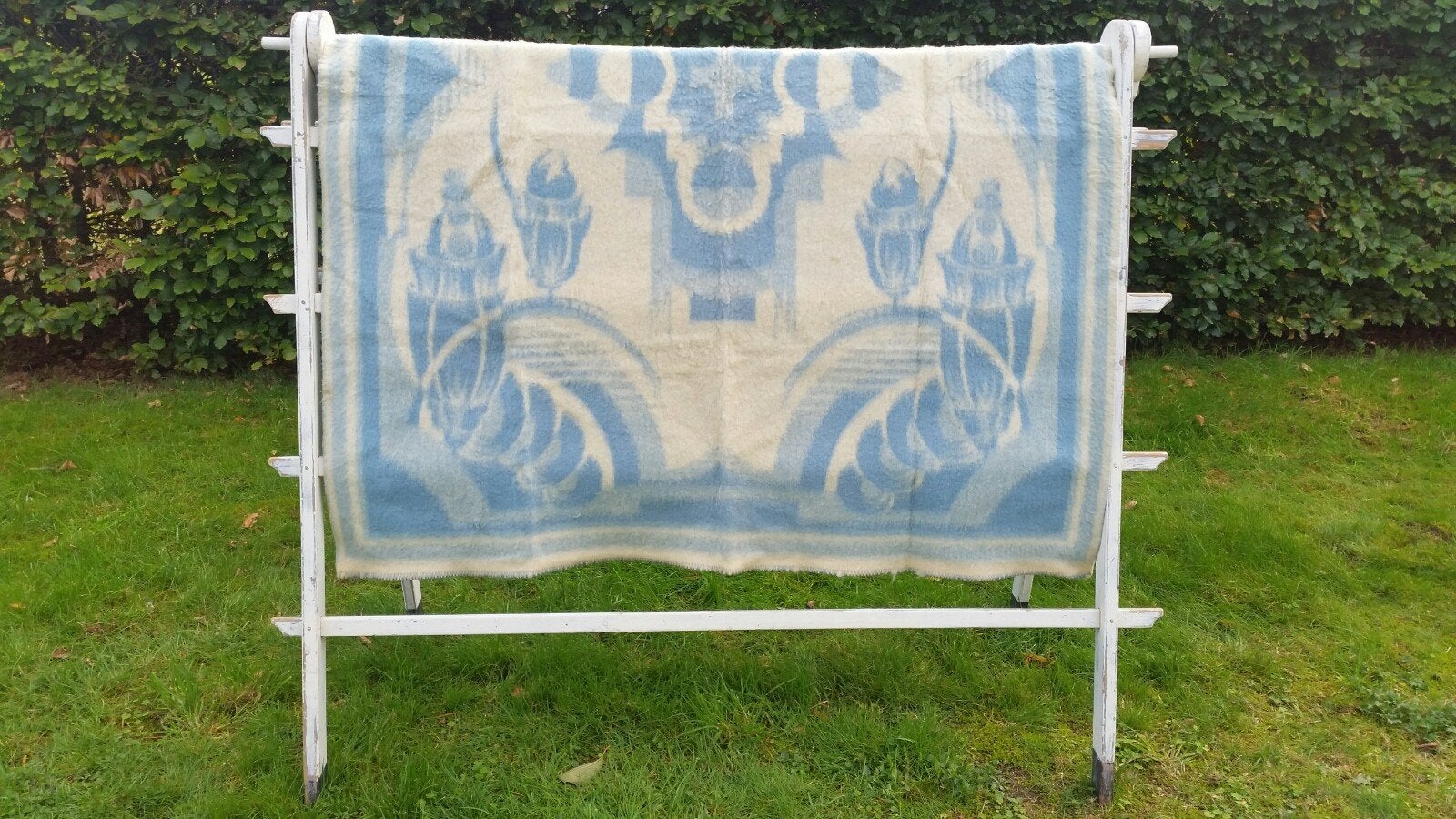 Vintage deken wol - ecru - blauw - damastpatroon - 160 x 210, Gebruikt, Blauw, Tweepersoons, Ophalen of Verzenden