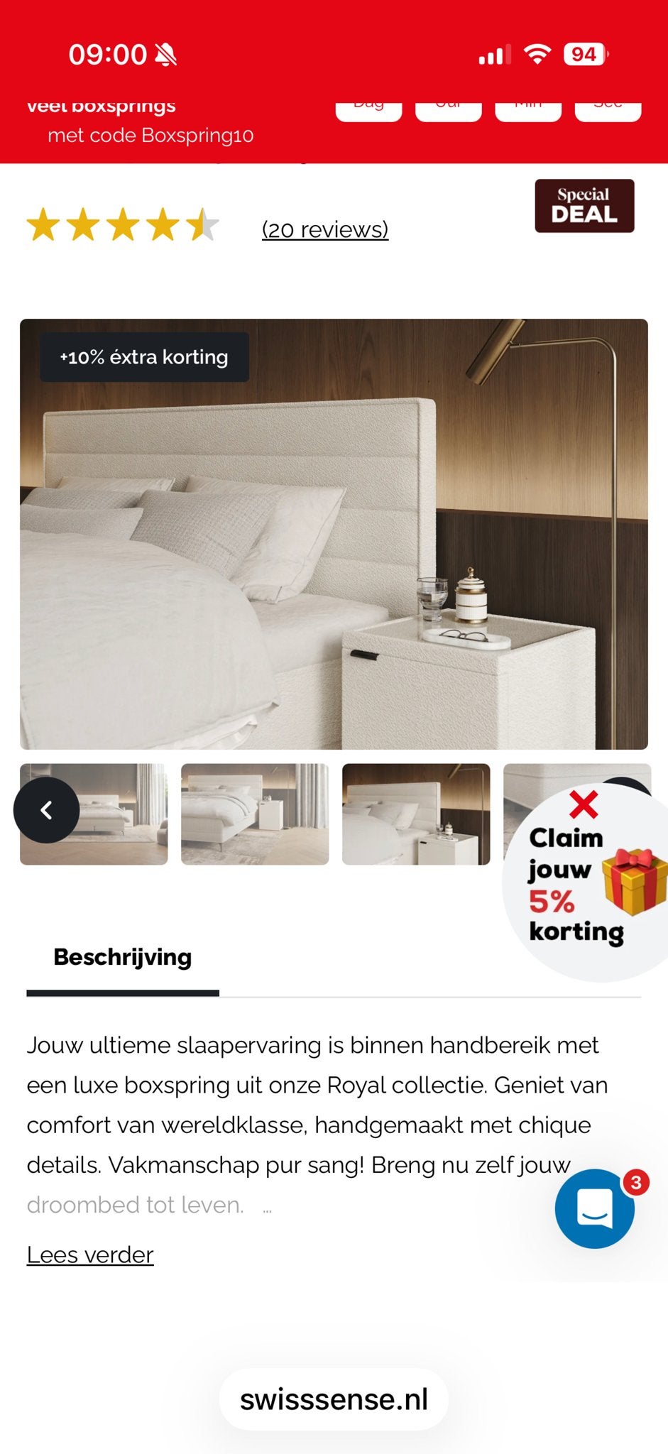 Nieuw Hoofdboard Boxspring Royal Horizon Swiss Sense, Ophalen, 180 cm, Crème, Stof