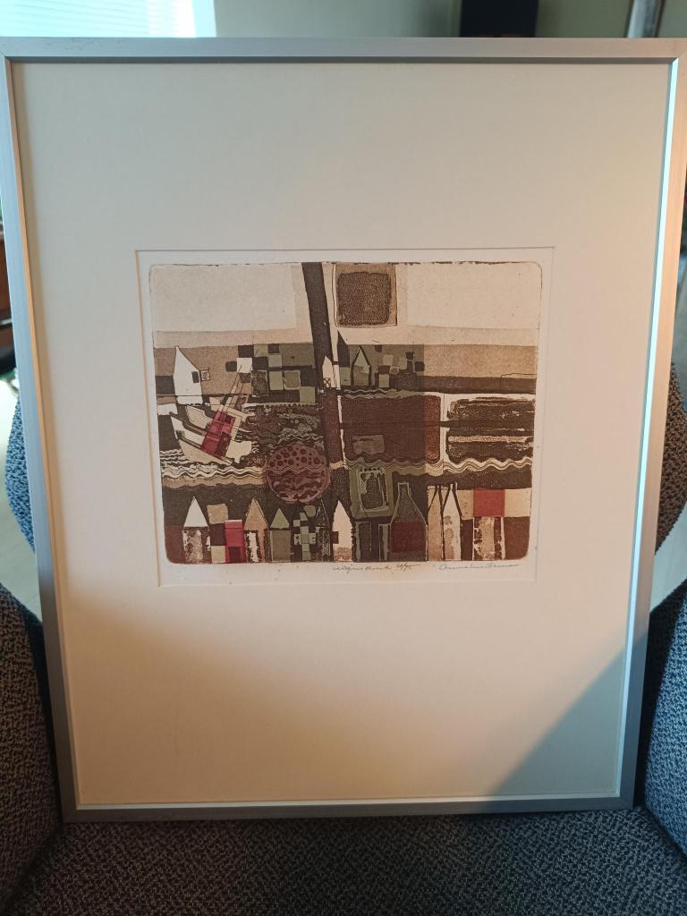 Ets van Anne Huitema, Met tekst, Stadsgezicht, Ophalen of Verzenden, 26 cm