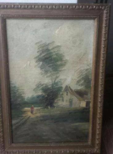 oud olieverf hout schilderij boerderijtje met vrouw Lansing, Ophalen