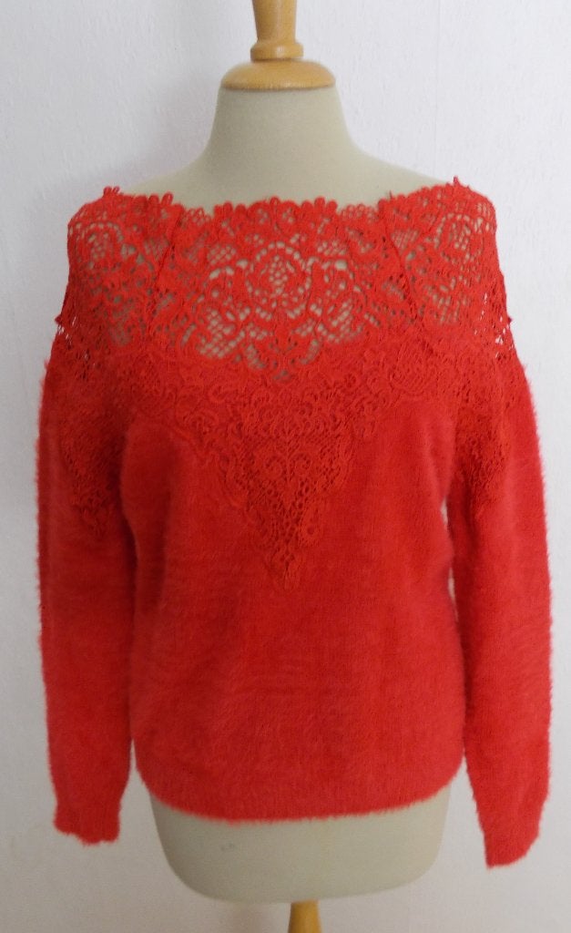 Rode zachte trui met kantlook bovenkant! L, Verzenden, Zo goed als nieuw, Maat 42/44 (L), Rood
