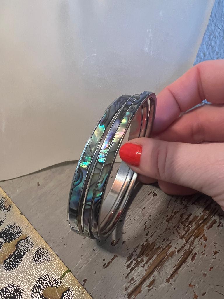Vintage slavenarmband abalone schelpen 3x armbanden set boho, Overige materialen, Ophalen of Verzenden, Zo goed als nieuw, Met edelsteen
