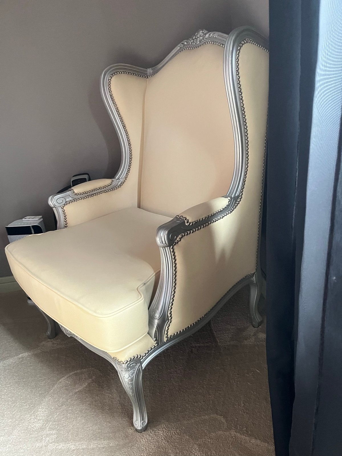 Barok Queen Ann Fauteuil - Crèmekleurig met Zilveren Frame, Ophalen, Gebruikt, Hout, 75 tot 100 cm