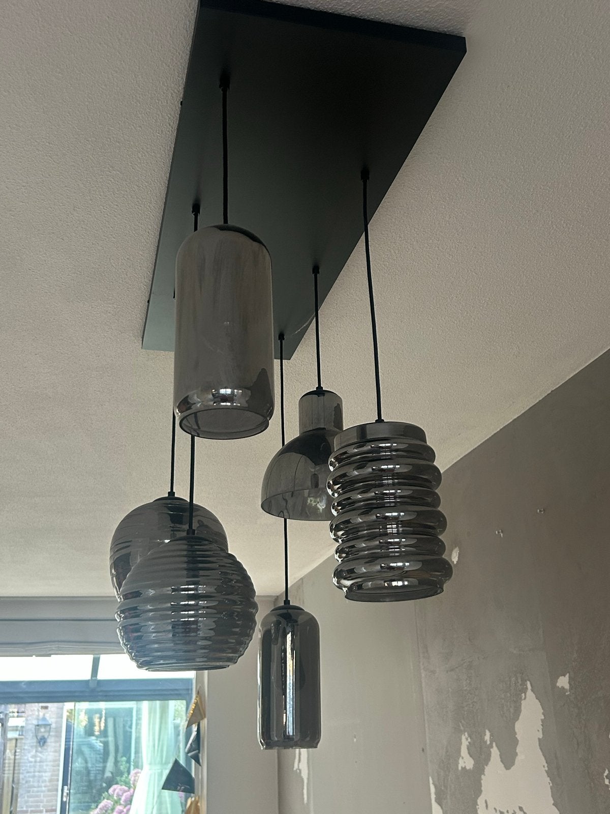 Moderne plafondlamp met 6 glazen kappen - Brielle, Huis en Inrichting, Lampen | Plafondlampen, Ophalen, Gebruikt, Modern, Zwart
