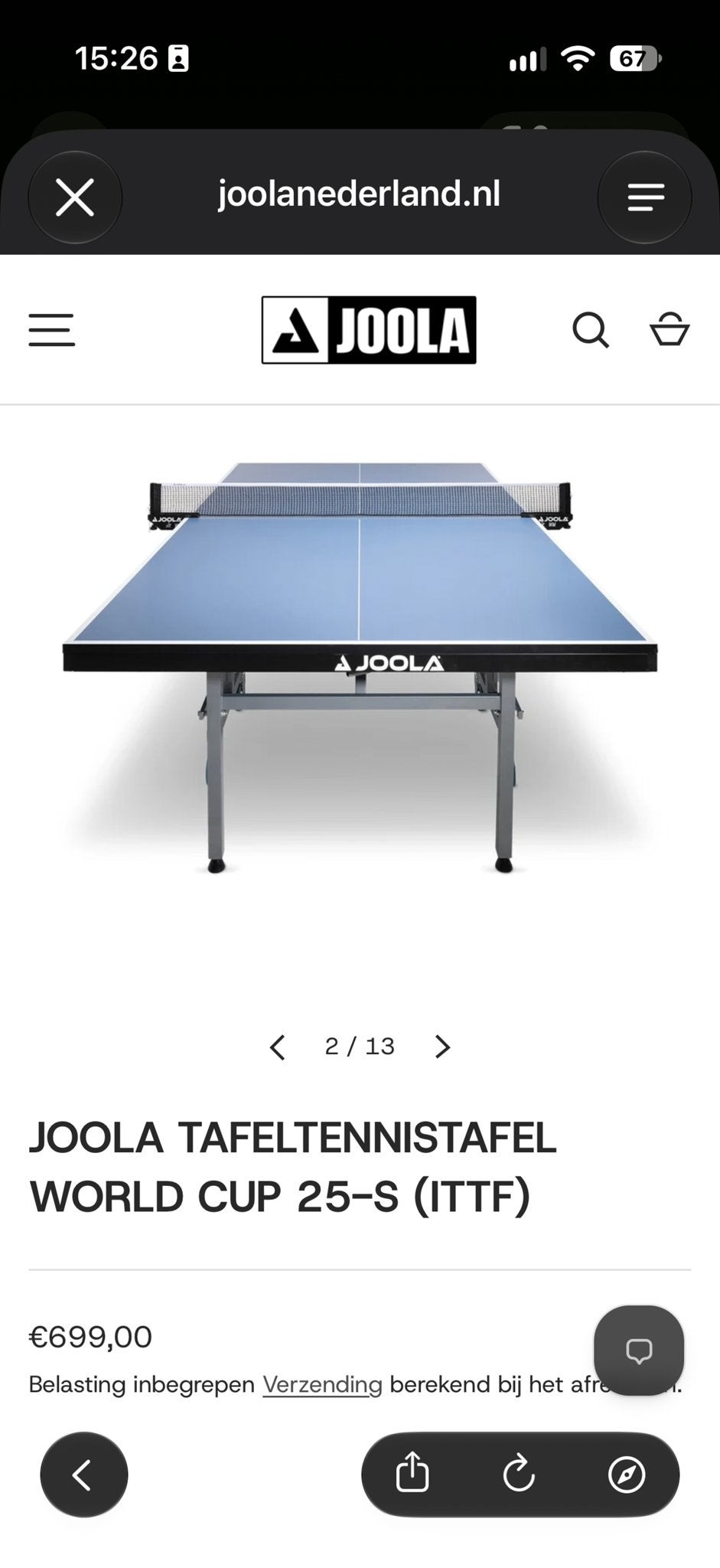 Joola Tafeltennistafel World Cup 25-S (ITTF), Sport en Fitness, Ophalen, Zo goed als nieuw, Tafel Indoor, Inklapbaar