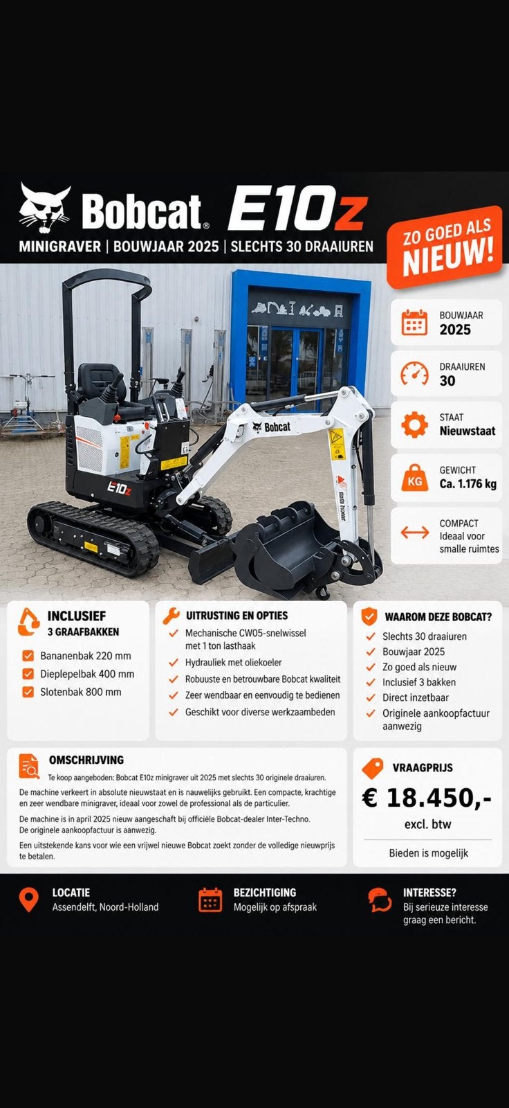 Bobcat E10z Minigraver - Bouwjaar 2025, Slechts 30 Uur!, Ophalen, Graafmachine