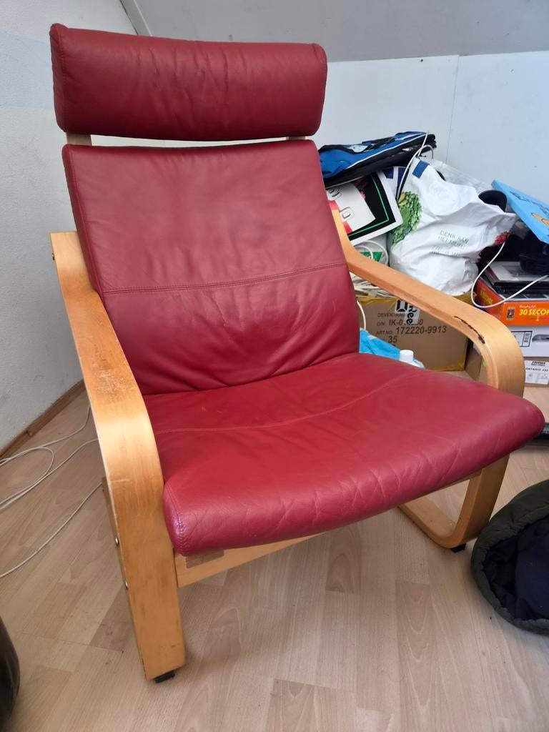 Ikea fauteuil, gebruikt, rood leer, Huis en Inrichting, Fauteuils, Ophalen, Gebruikt, 75 tot 100 cm, Modern