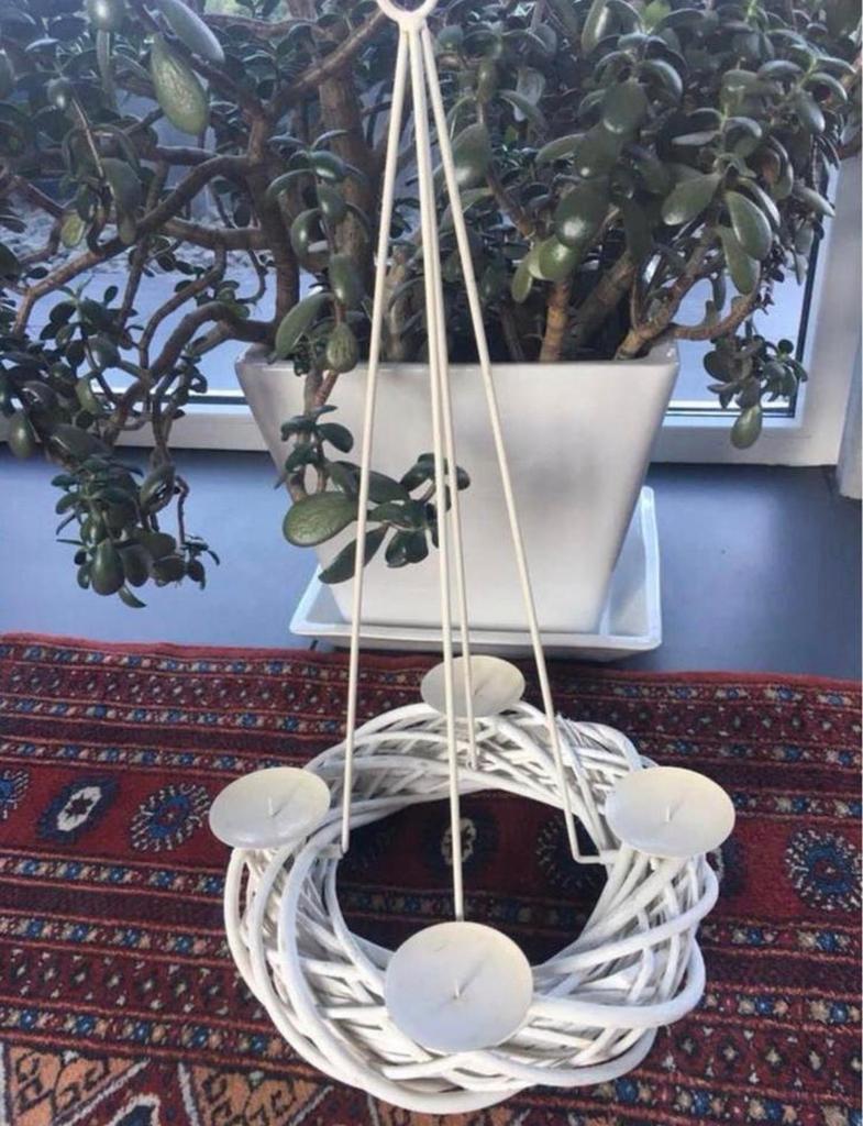 Witte rieten hangende kandelaar voor 4 kaarsen, Overige materialen, 25 tot 50 cm, Wit, Ophalen of Verzenden