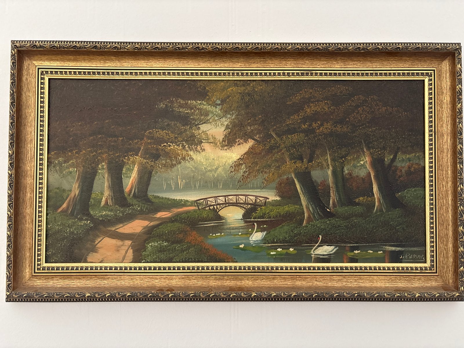 Schilderij: Romantisch Landschap met Zwanen en Brug, Antiek en Kunst, Kunst | Schilderijen | Klassiek, Ophalen