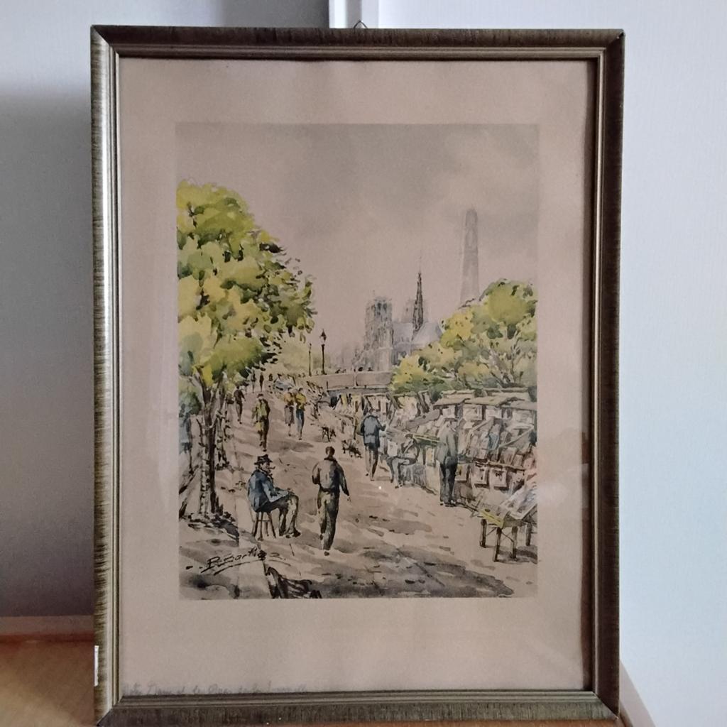 Antieke ingelijste aquarel Parijse straat scène, Ophalen of Verzenden