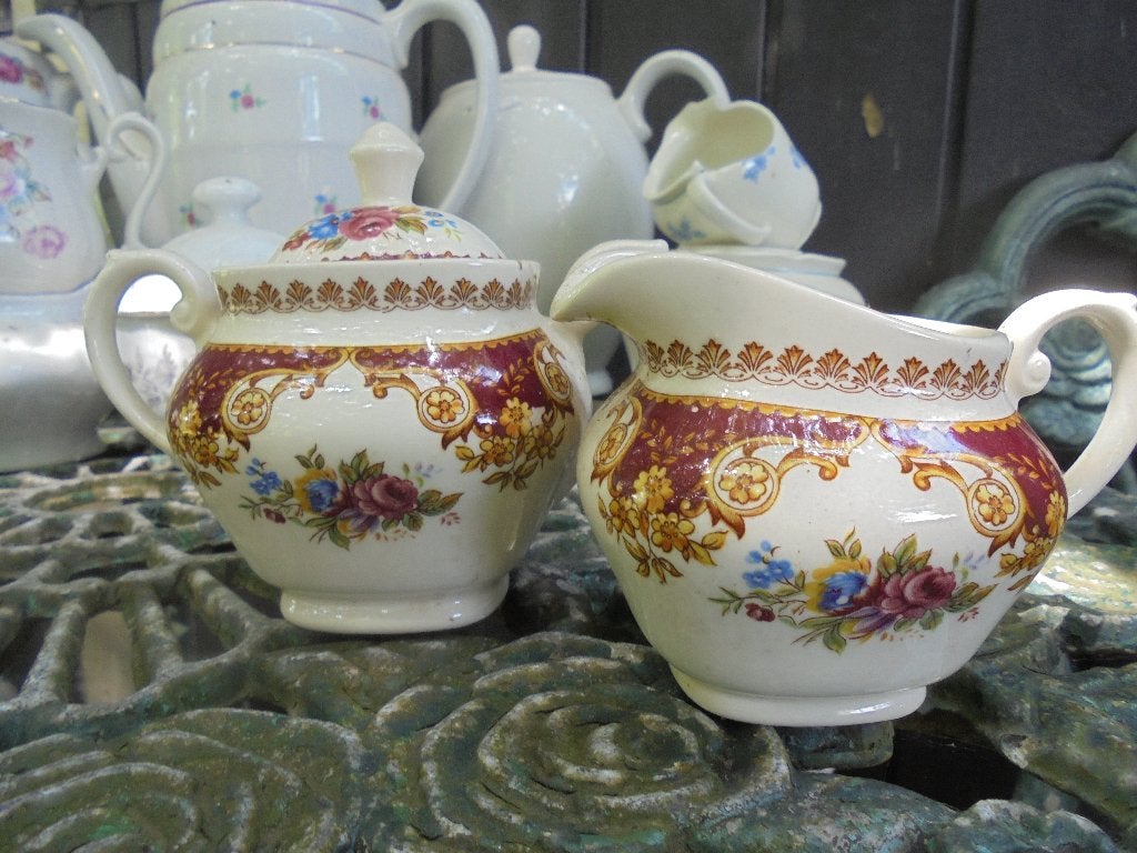 Engels Roomstel Marlborough met bloemboeketjes roze roosjes, Ophalen of Verzenden