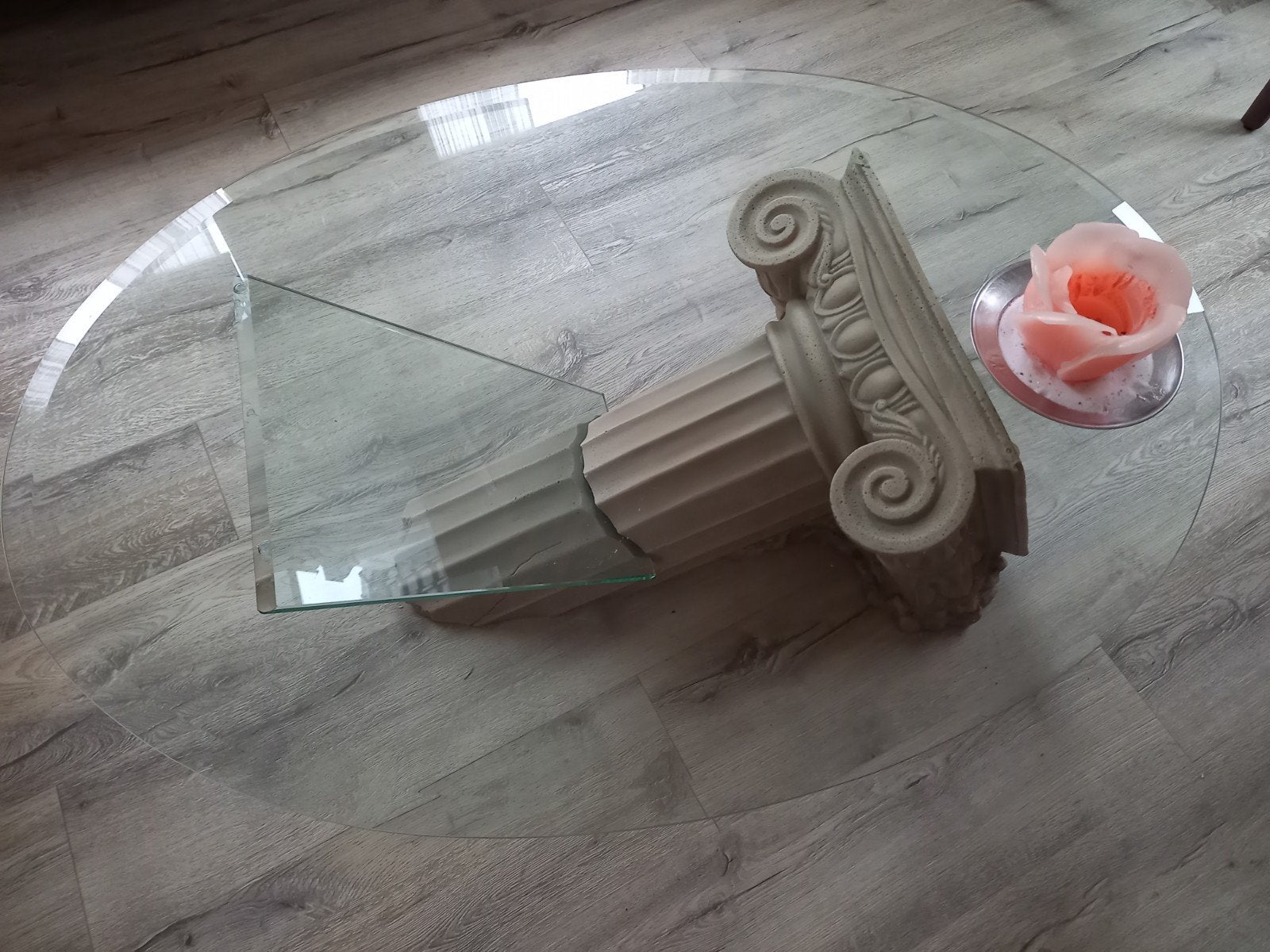 Glazen salontafel met Griekse zuilpoot - Ovaal 115x85 cm, Ophalen, 100 tot 150 cm, 50 tot 100 cm, Ovaal