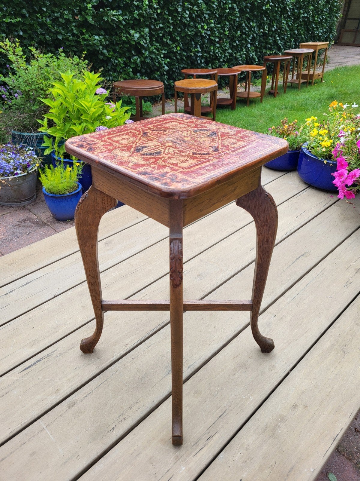 Art Deco plantentafel bijzet tafeltje 50 cm Perzisch eiken, Art Deco Nouveau Brocante Vintage Queen Ann, Minder dan 55 cm, Zo goed als nieuw
