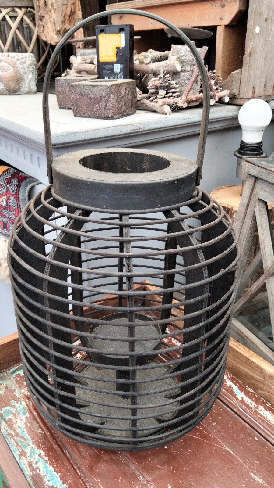 Brocante grote zwarte windlicht, Overige materialen, Windlicht, Gebruikt, .