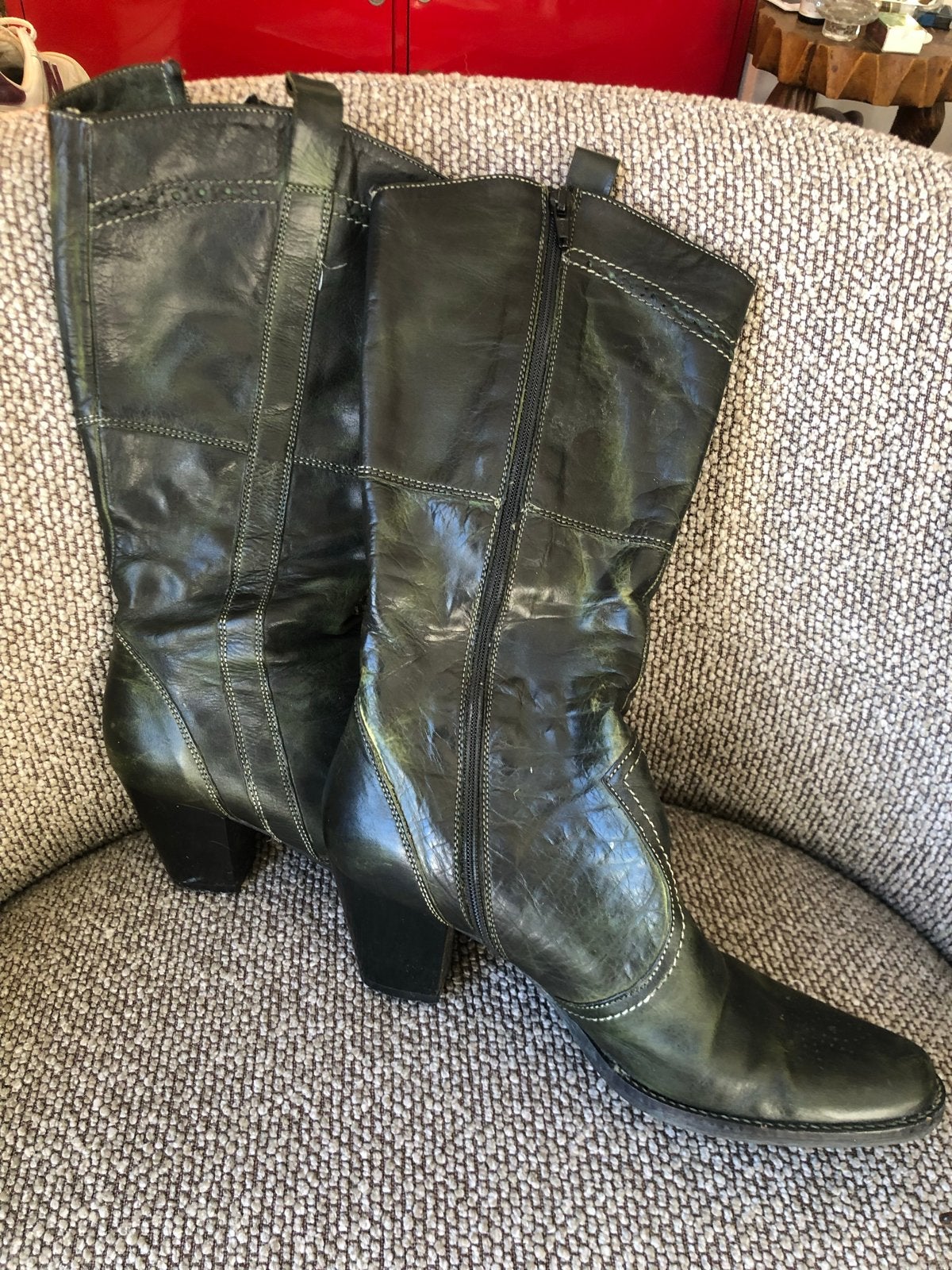 Stoere Cowboylaarzen - Groen Leer maat 38, Kleding | Dames, Schoenen, Hoge laarzen, Ophalen of Verzenden, Zo goed als nieuw, Groen