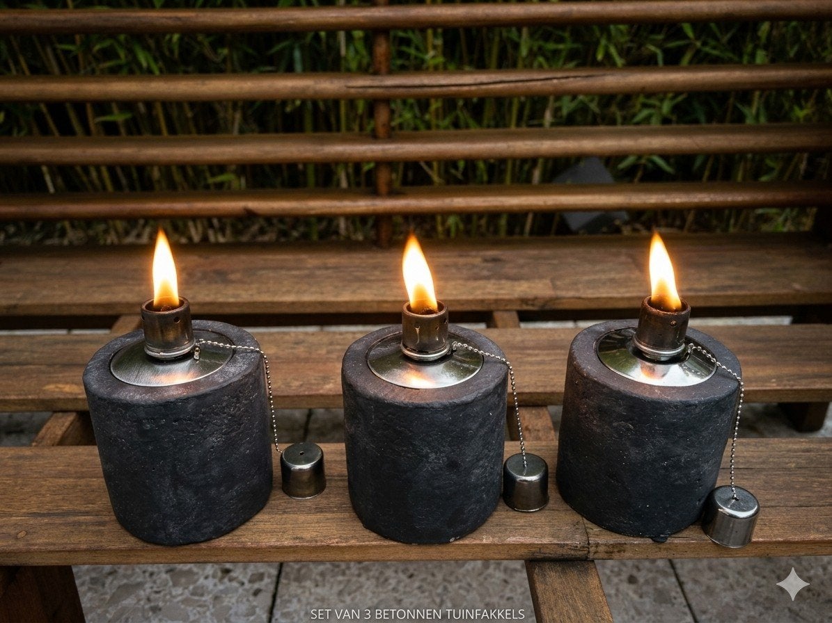 Set van 3 betonnen olie lampen met lampolie, Tuin en Terras, Ophalen, Nieuw