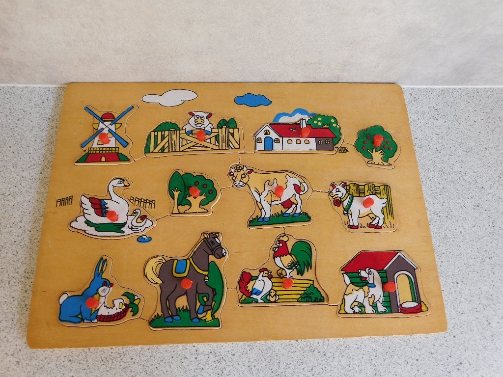 Houten Puzzel 12 st. de Boerderij, Kinderen en Baby's, Speelgoed | Kinderpuzzels, Ophalen of Verzenden, 10 tot 50 stukjes, Zo goed als nieuw