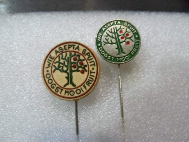 Vintage Asepta Speldjes: 'Wie Asepta Spuit Oogst Mooi Fruit', Ophalen of Verzenden, Gebruikt, Merk, Speldje of Pin