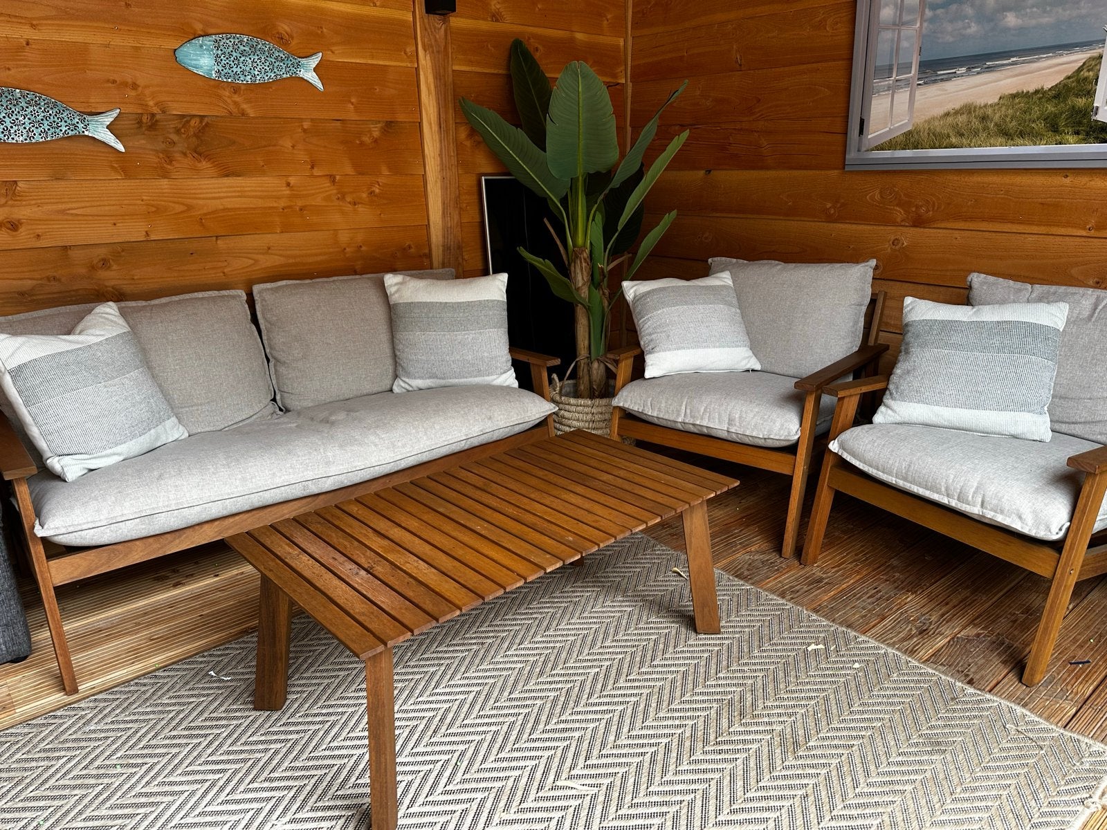 Houten Loungeset met Kussens, Tuin en Terras, 4 zitplaatsen, Ophalen of Verzenden, Zo goed als nieuw, Loungeset